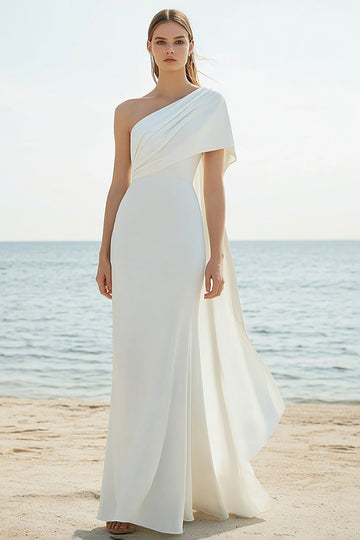 One Shoulder White Sheath Satin Engagement Dress